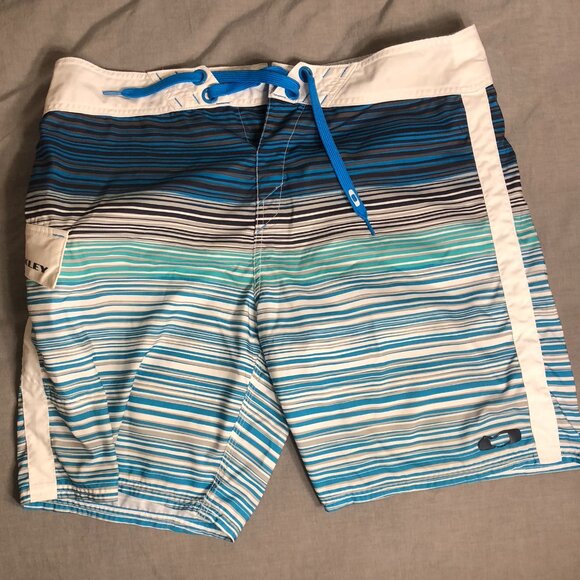 Oakley Board Shorts Men's Size 36 Blue Striped Swim Trunks Swimwear Surf Logo - Picture 1 of 8